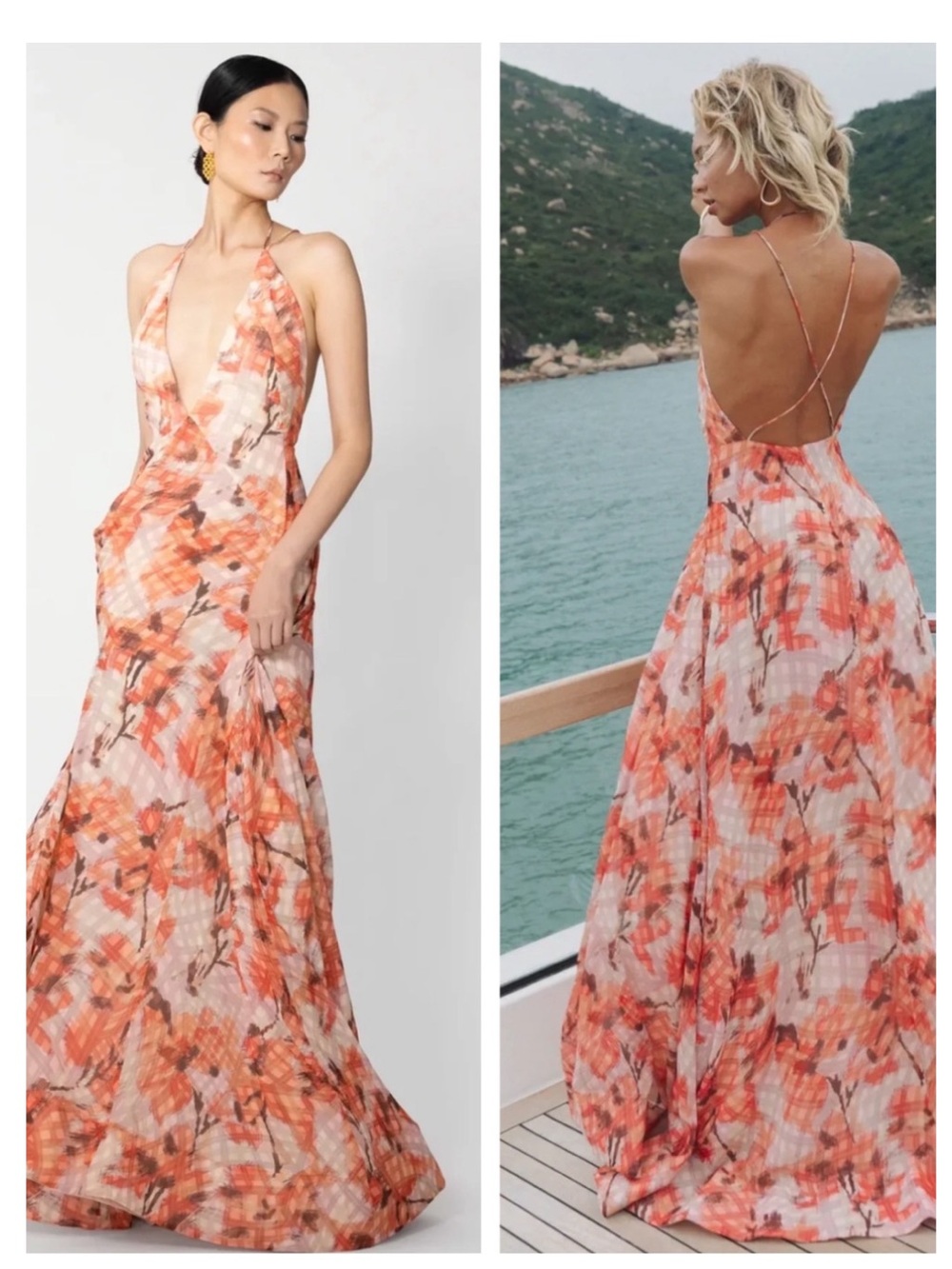 NWT Sau Lee Calista Maxi Long Chiffon Floral Dress Orange Plunge Size Women’s 4 - Picture 2 of 10
